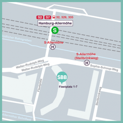 Allermöhe Karte zur Anfahrt des Standorts Fleetplatz 1-7. Von der Haltestelle S-Allermöhe (S2, S7, Bus 32, Bus 329, Bus 334) , ist der Standort fußläufig erreichbar.